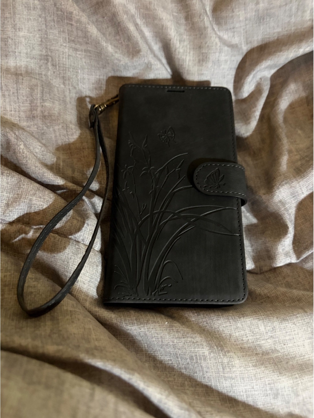 Black Floral Embossed Leather Wallet Phone Case with Wrist Strap